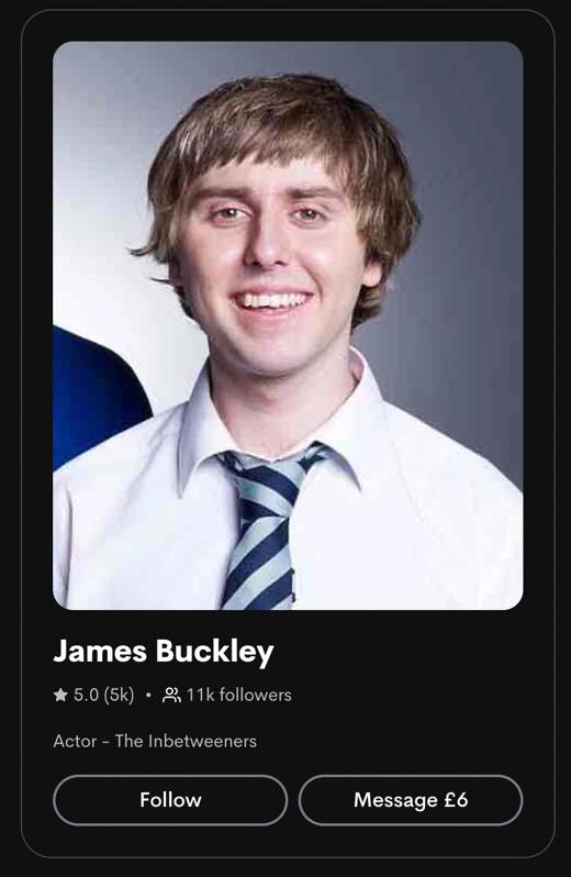 詹姆斯·巴克利（James Buckley）在Inbetweeners中扮演Jay。信用：客串