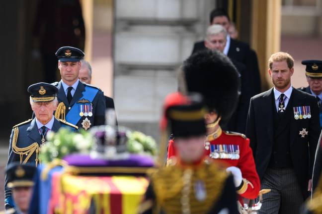 威廉王子和哈利并排走在女王的棺材后面。信用：PA图像/Alamy Stock Photo