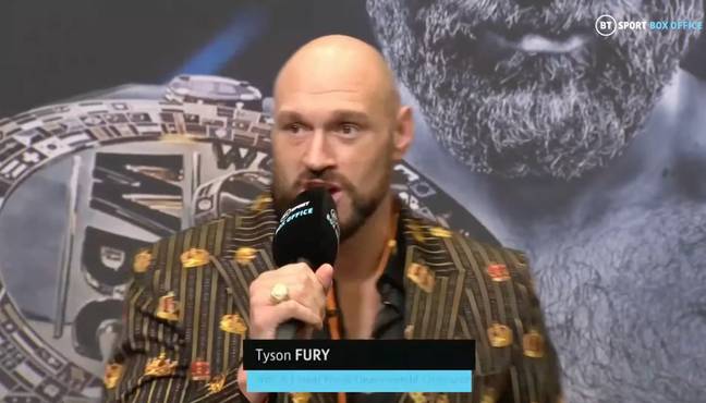 泰森·弗里（Tyson Fury）在今天的新闻发布会上。学分：BT Sport拳击/YouTube