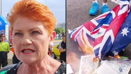 宝琳·汉森（Pauline Hanson）撕毁了反对抗议者的抗议者，他们烧毁了澳大利亚国旗