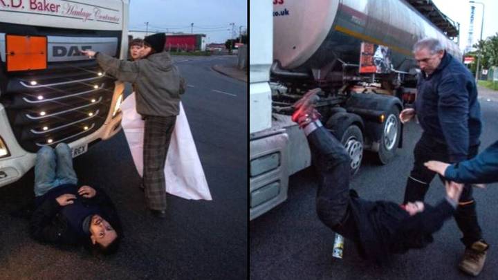 沮丧的卡车司机拉开了油轮的抗议者抗议者