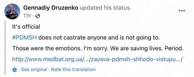 Druzenko向评论道歉（Gennadiy Druzenko/Facebook）