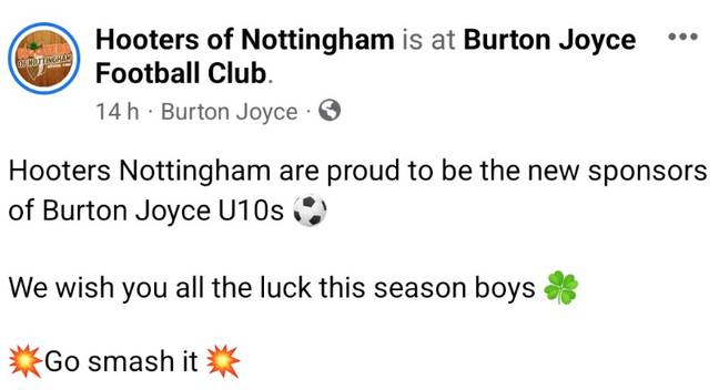 人们对诺丁汉的Hooters分支机构将在本赛季赞助一支当地的10岁以下球队。信用：诺丁汉的Facebook/Hooters