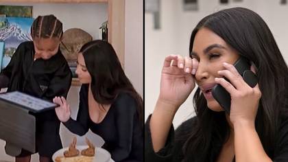 镜头展示了金·卡戴珊（Kim Kardashian）的儿子，向她展示了一个关于她的性爱录像带的笑话