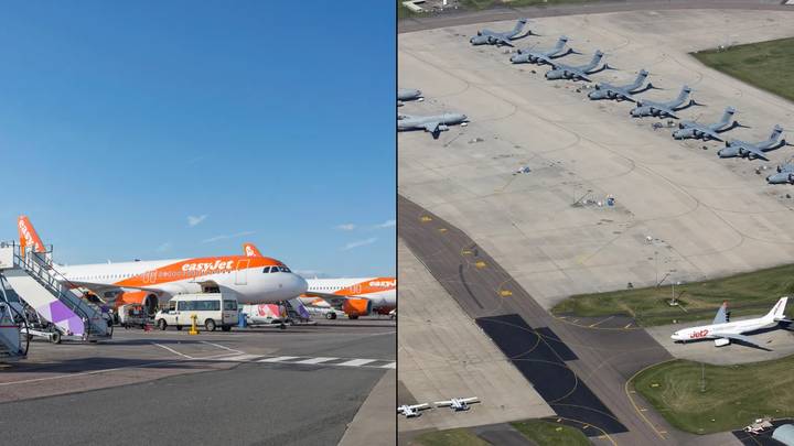 悬挂的航班和飞机无法在英国机场降落作为“跑道融化”的飞机