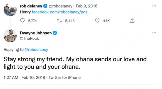 亨利去世后，约翰逊向德莱尼发送了一条友好的推文。信用： @therock/twitter