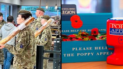 人们在特易购（Tesco）的陆军学员在用枪支的罂粟车站（Poppy Station）守卫poppy站后感到震惊