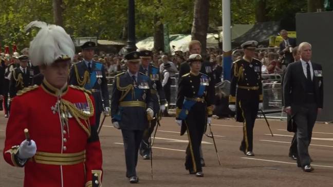 王室在女王的棺材后面一起行走，哈利和安德鲁不在军事服装中。信用：天空新闻必威杯足球