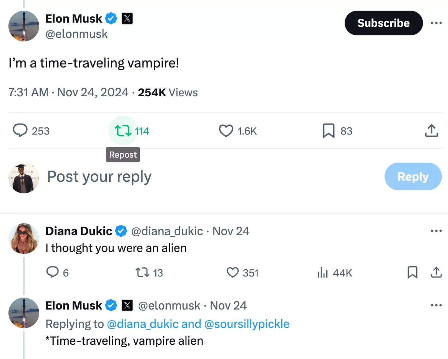 Elon Musk claims he's a '3,000-year-old time-travelling alien' who potentially assumes identities