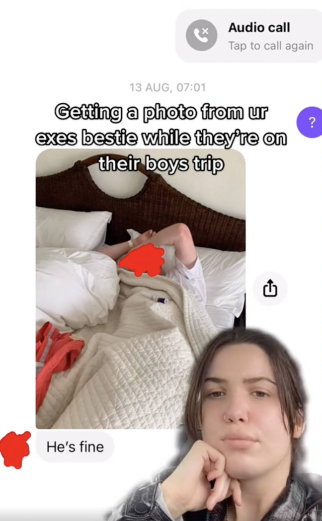 Although his face is crossed out, we can see a photo of the girl's partner cosied up in his bed sheets (Credit: TikTok/@pets.hendrikse)