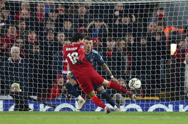 Minamino sliced a shot over the bar in the closing stages at Anfield (Image: Alamy)