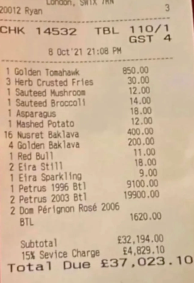 The breathtaking bill at the Nusr Et restaurant in Salt Bae in London.  Credit: Snapchat