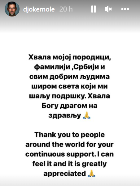 Djokovic thanked fans for their support. Credit: Instagram/Novak Djokovic