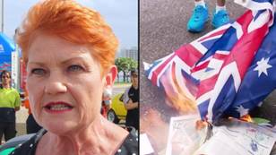 宝琳·汉森（Pauline Hanson）撕毁了烧毁澳大利亚国旗的反纪念抗议者