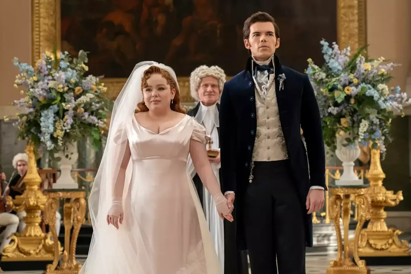The colour scheme for Penelope and Colin's wedding in Bridgerton was selected deliberately. (Netflix)