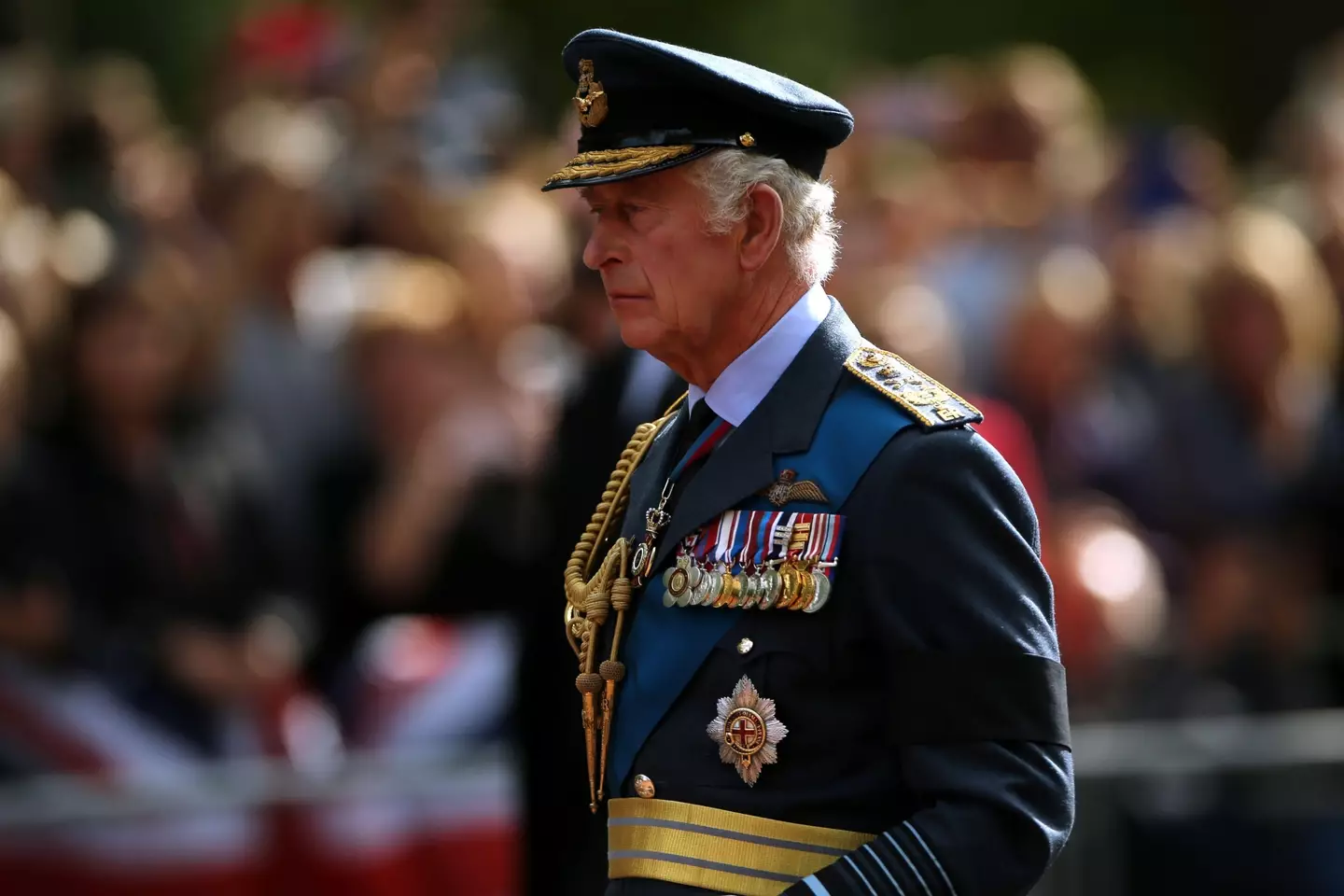King Charles III at his mother's procession.