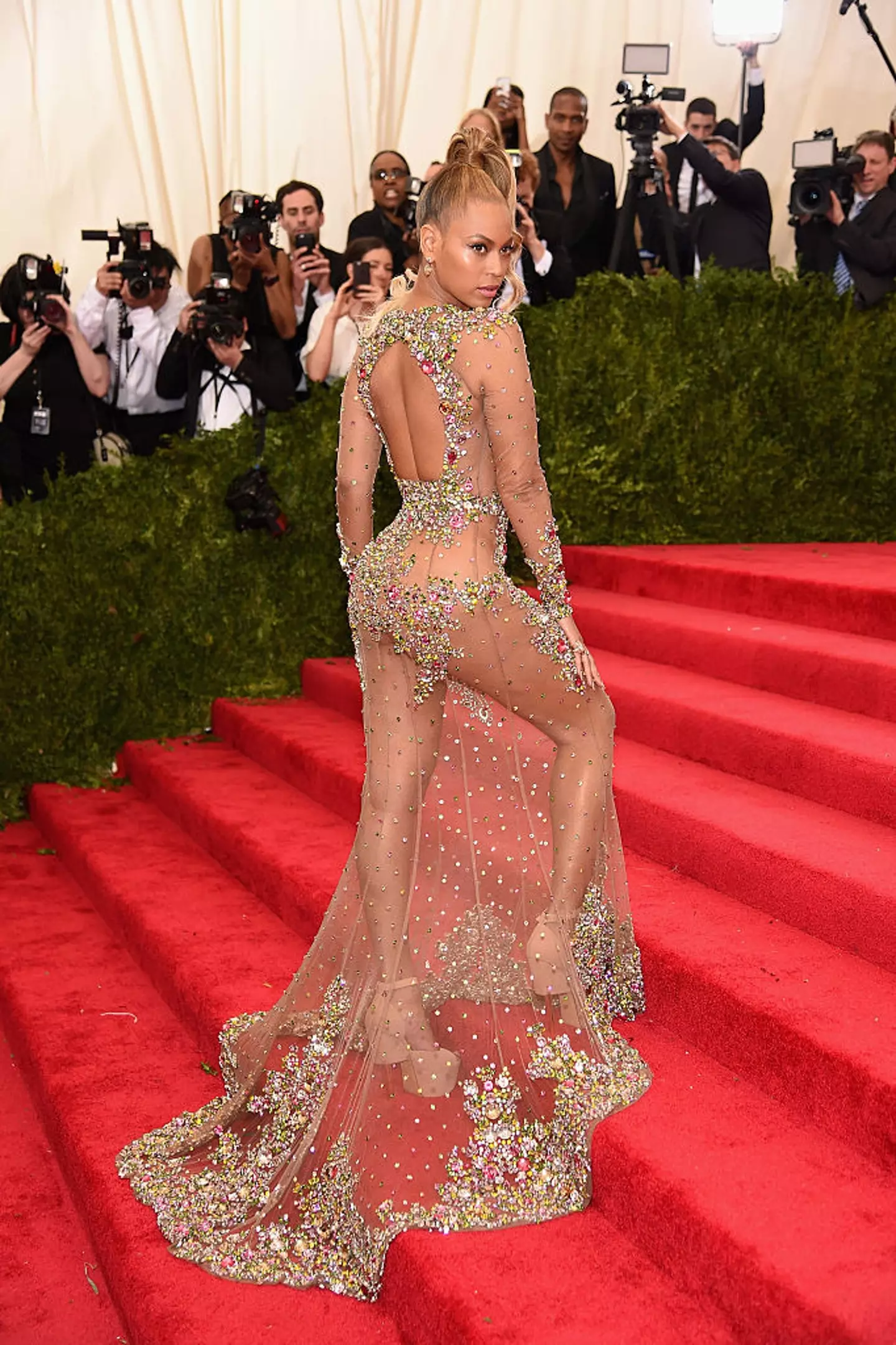 Beyoncé wearing her iconic 'naked' Givenchy dress at the 2015 Met Gala. (Dimitrios Kambouris/Getty Images)