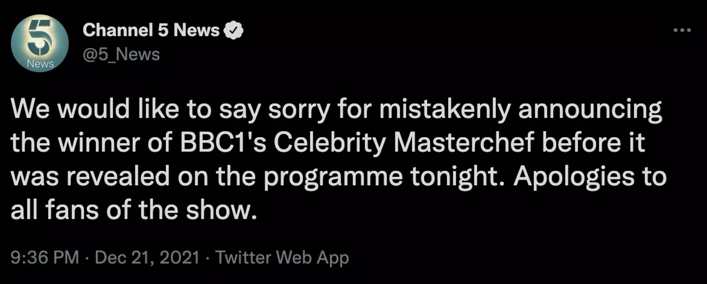 Channel 5 swiftly issued an apology (