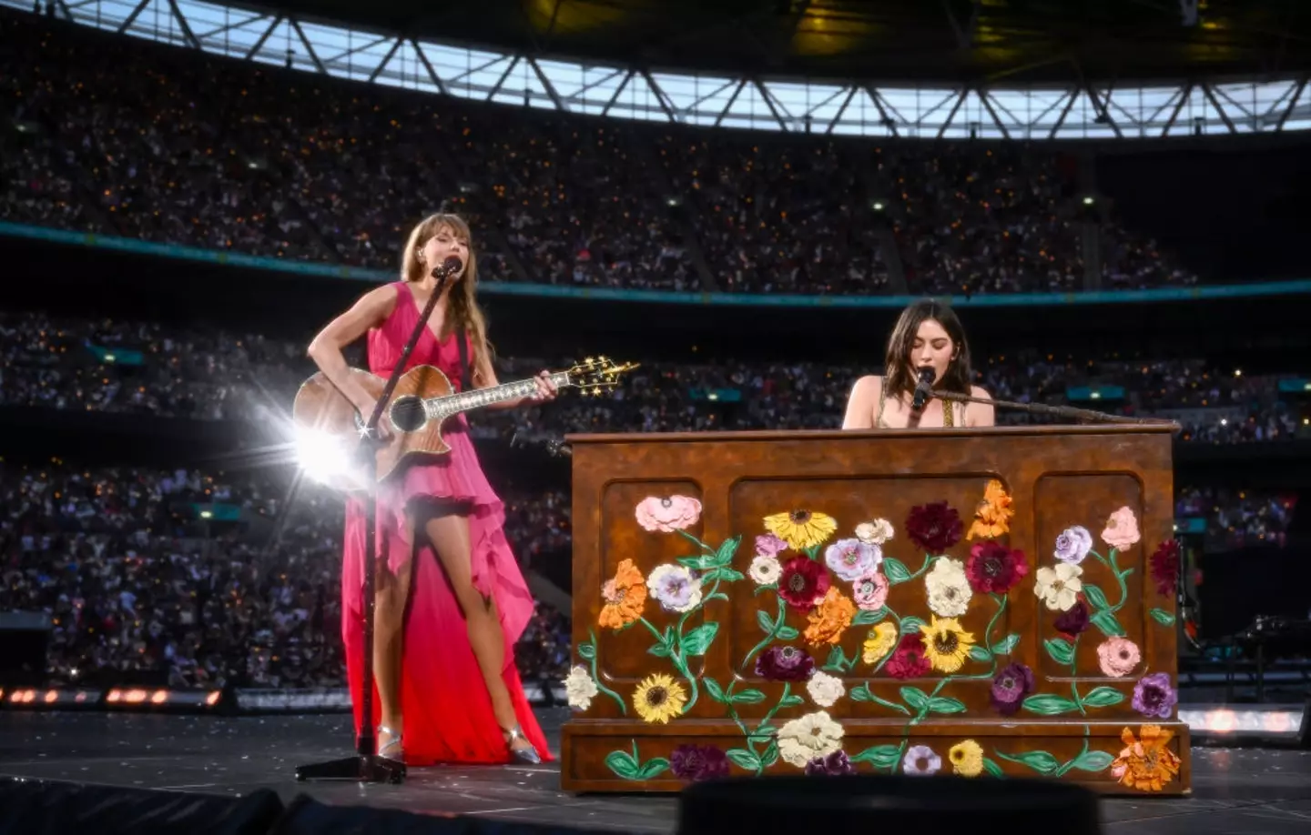 Taylor Swift and Gracie Abrams on stage in London last month (June 23). (Gareth Cattermole/TAS24 / Contributor/Getty Images)