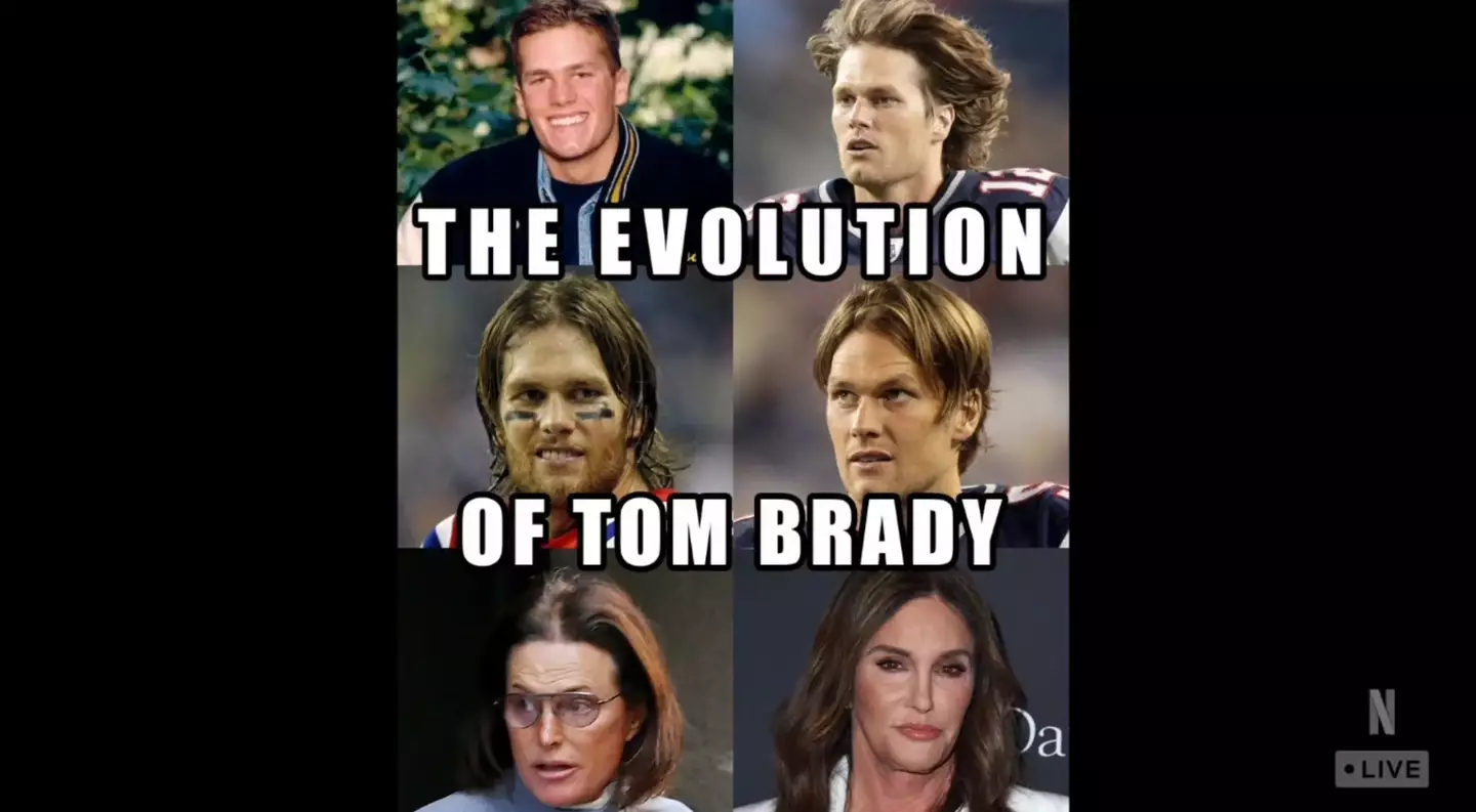 Kim's Tom Brady meme on Netflix’s The Greatest Roast of All Time live show. (Netflix)