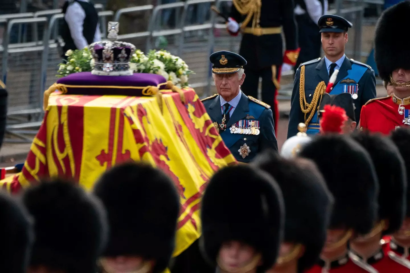 King Charles and Prince William following the Queen's coffin.