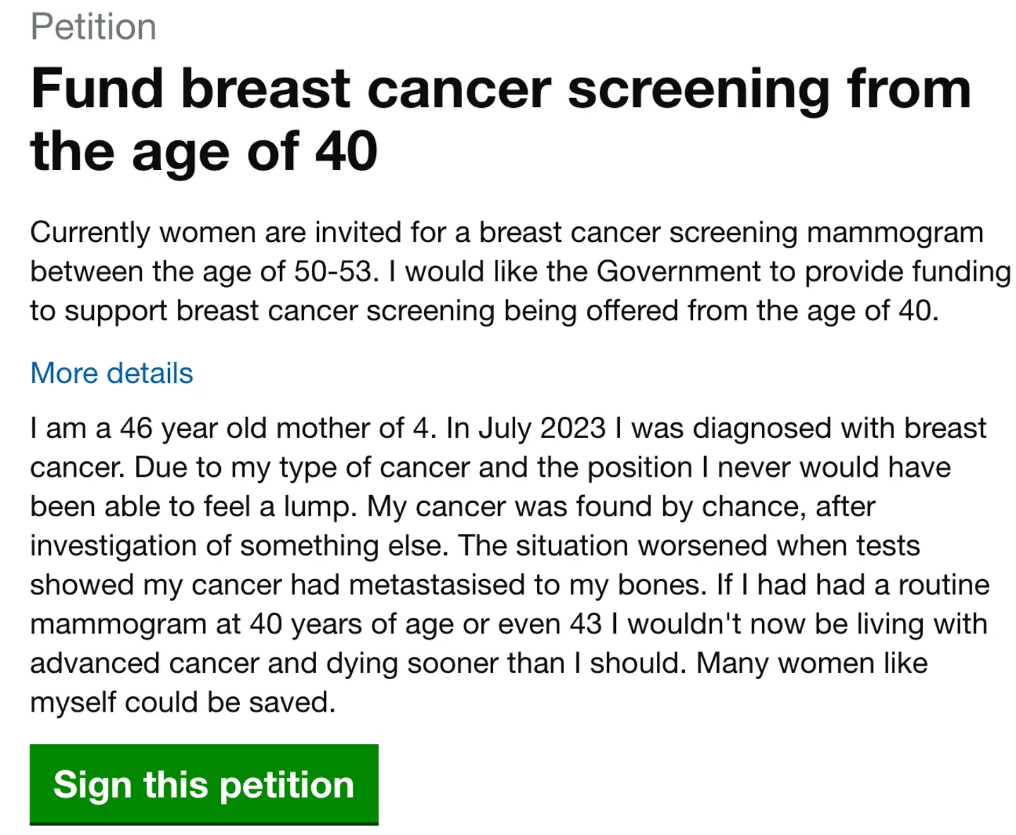 Lucy has launched a petition calling for the age of breast cancer screening to be lowered