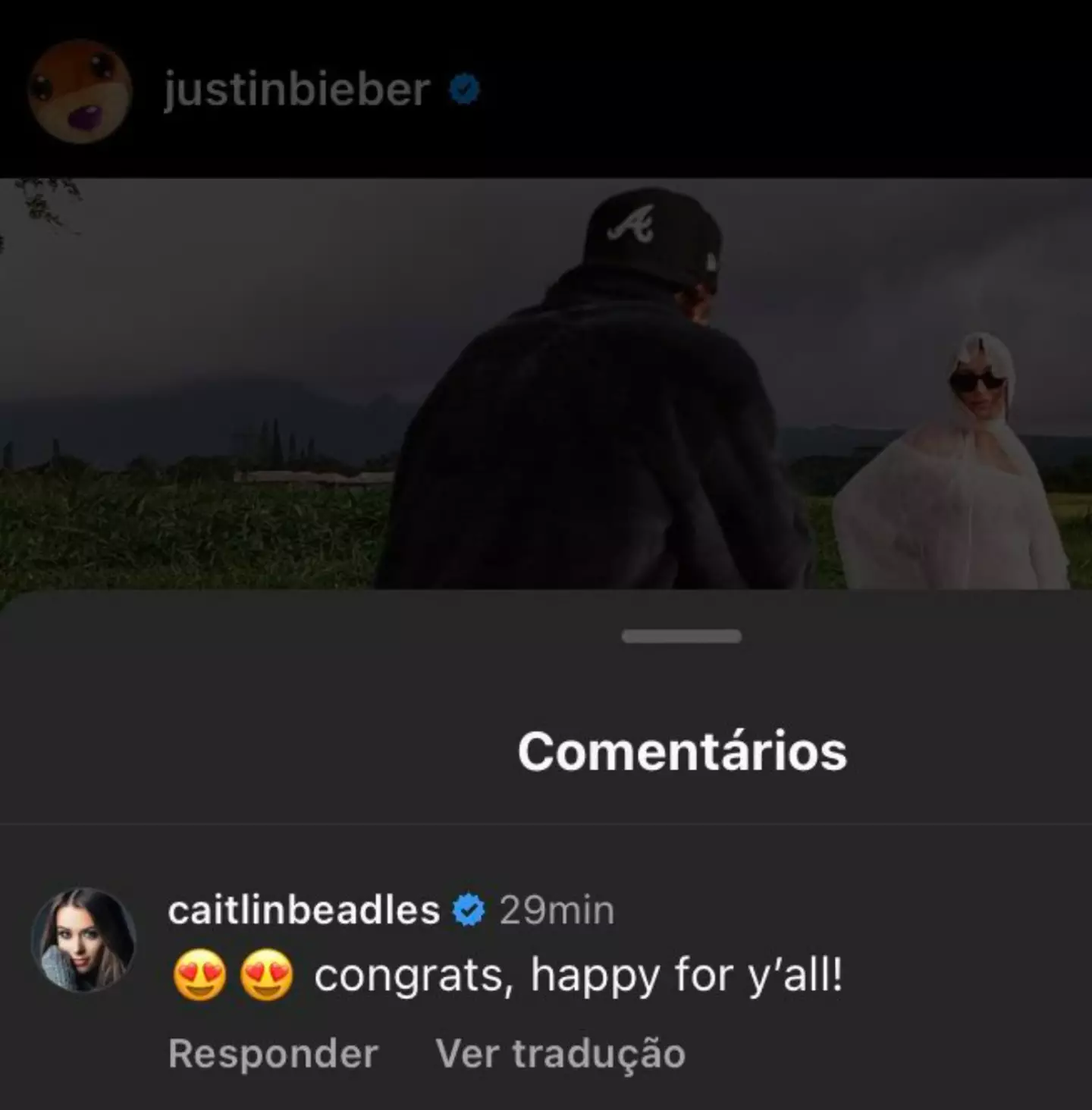 Justin's ex had some well wishes for his happy news. (Instagram/@justinbieber)