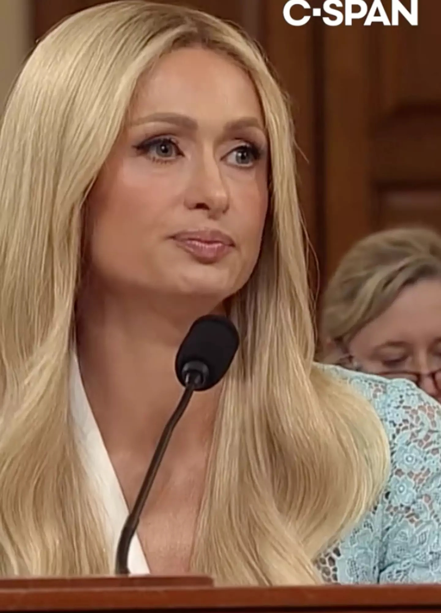 Paris Hilton seemed to switch to her natural voice during a recent speech. (TikTok/@cspanofficial)