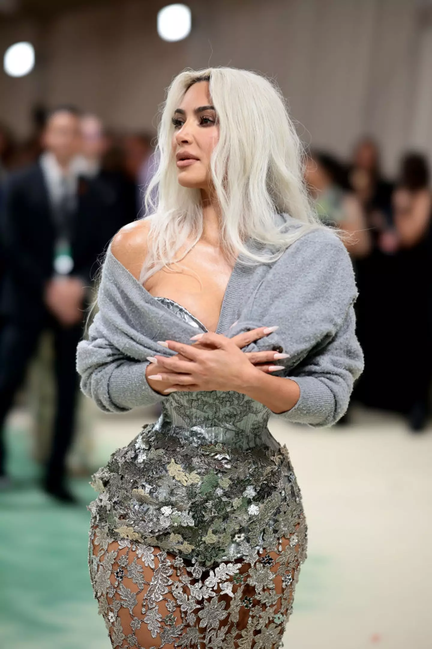 The Kardashians star, 43, wore a custom Margiela by John Galliano strapless silver corset. (Dimitrios Kambouris / Staff / Getty Images)