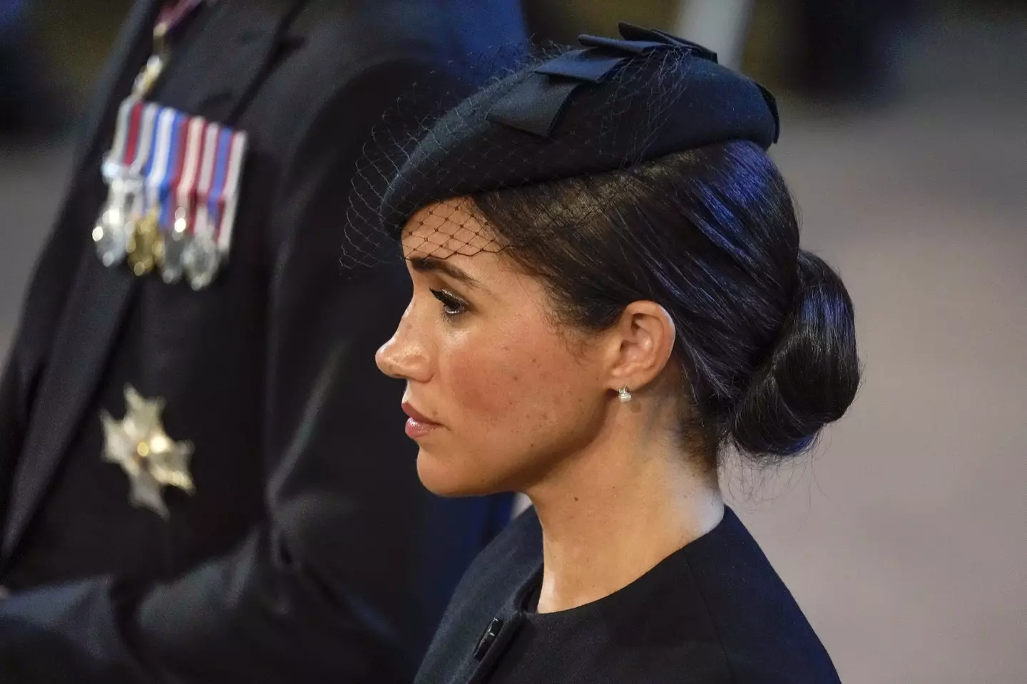 Meghan also wore her earrings as the Queen lay in state at Westminster Hall.