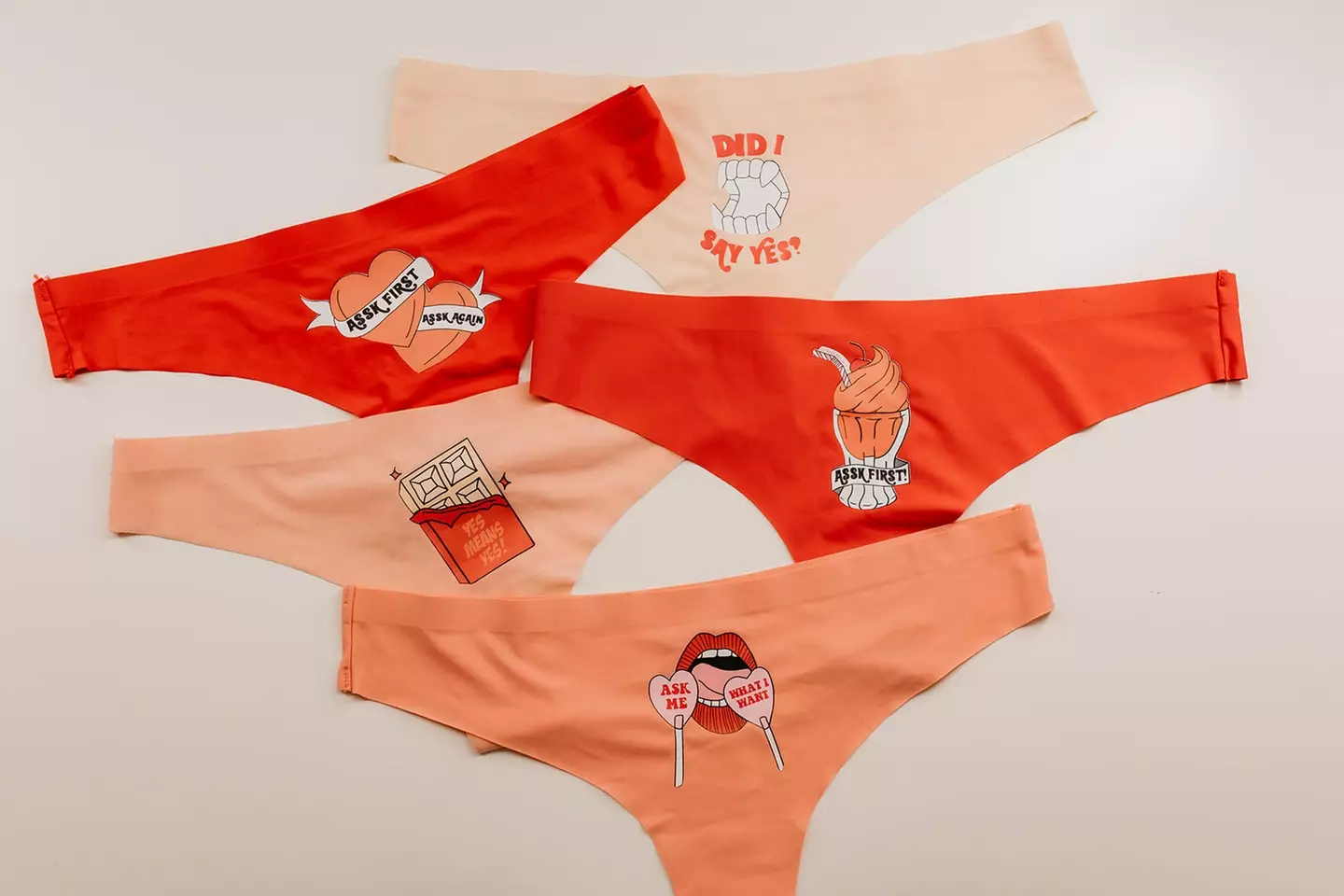 The underwear features slogans (