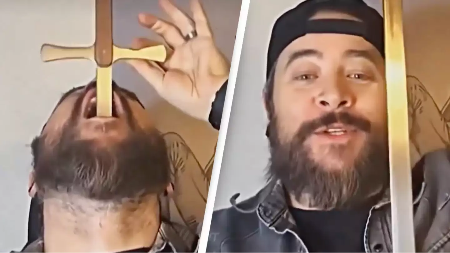 People stunned after magician shows off how he performs sword swallowing trick