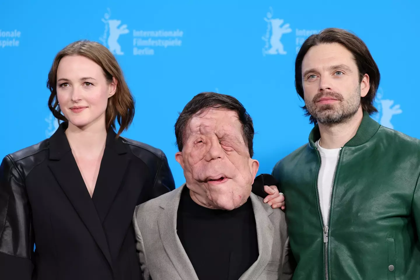 Renate Reinsve, Adam Pearson, and Sebastian Stan at the Berlinale International Film Festival.