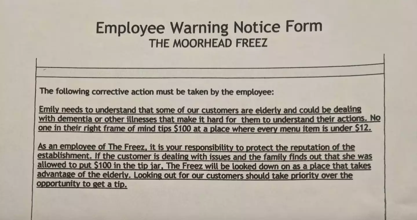 The Freez in Moorhead, Minnesota, said the customer 'could' have dementia (Facebook/Lisa and Seth Swenson)