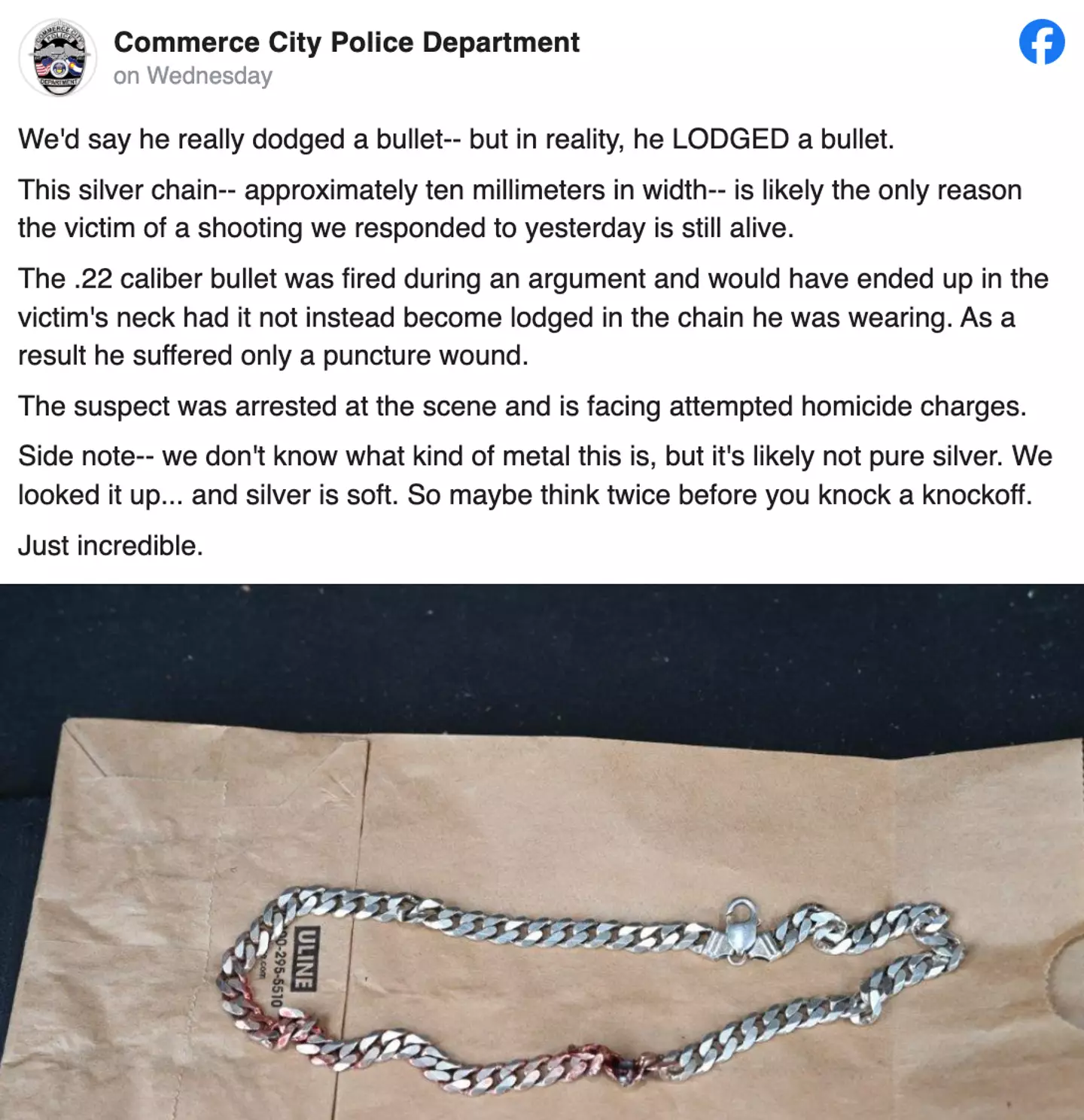 The Commerce City Police Department shared the images online of the necklace. (Commerce City Police Department)