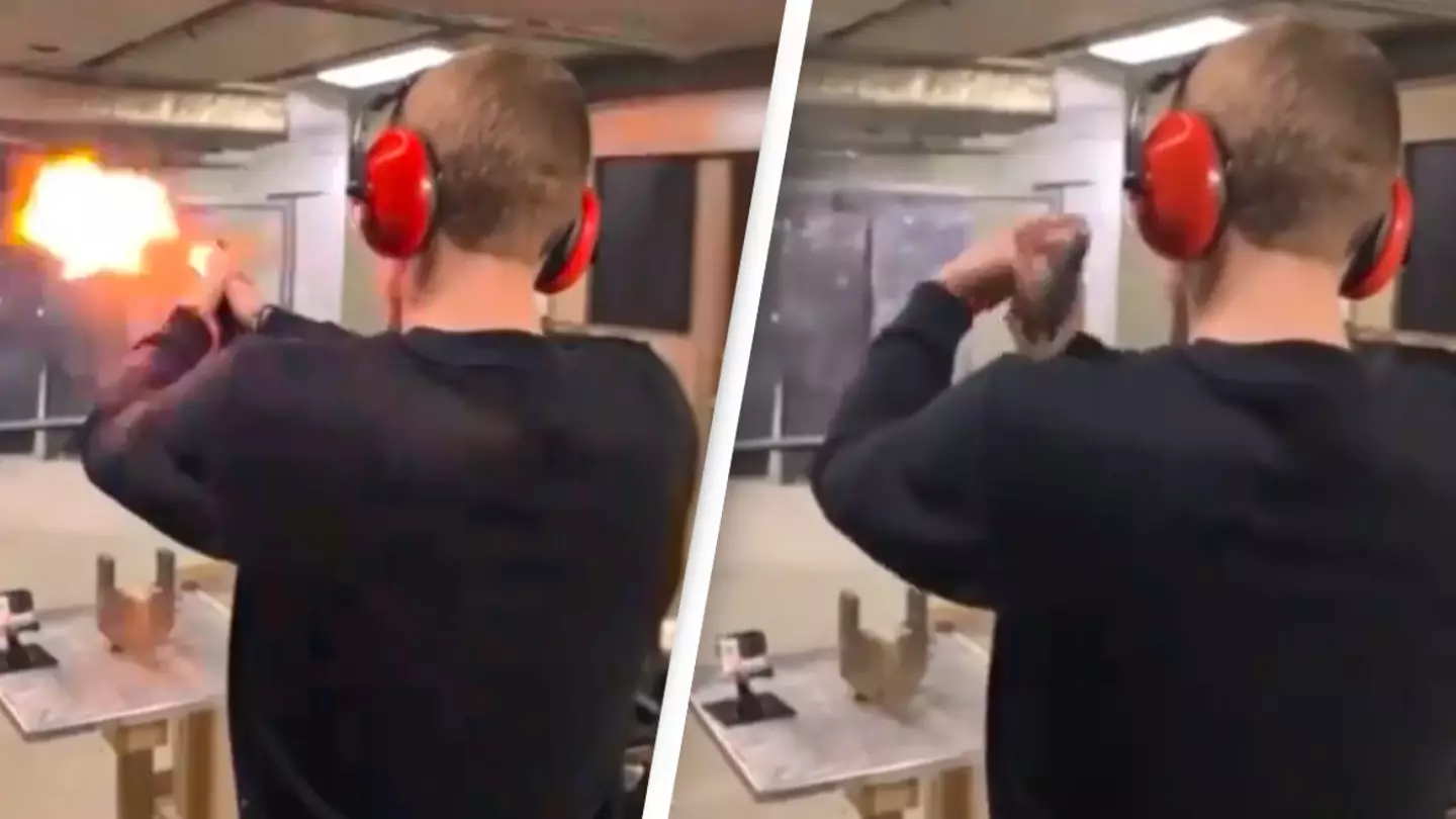 Footage shows terrifying near-miss as man almost shoots himself by accident at firing range