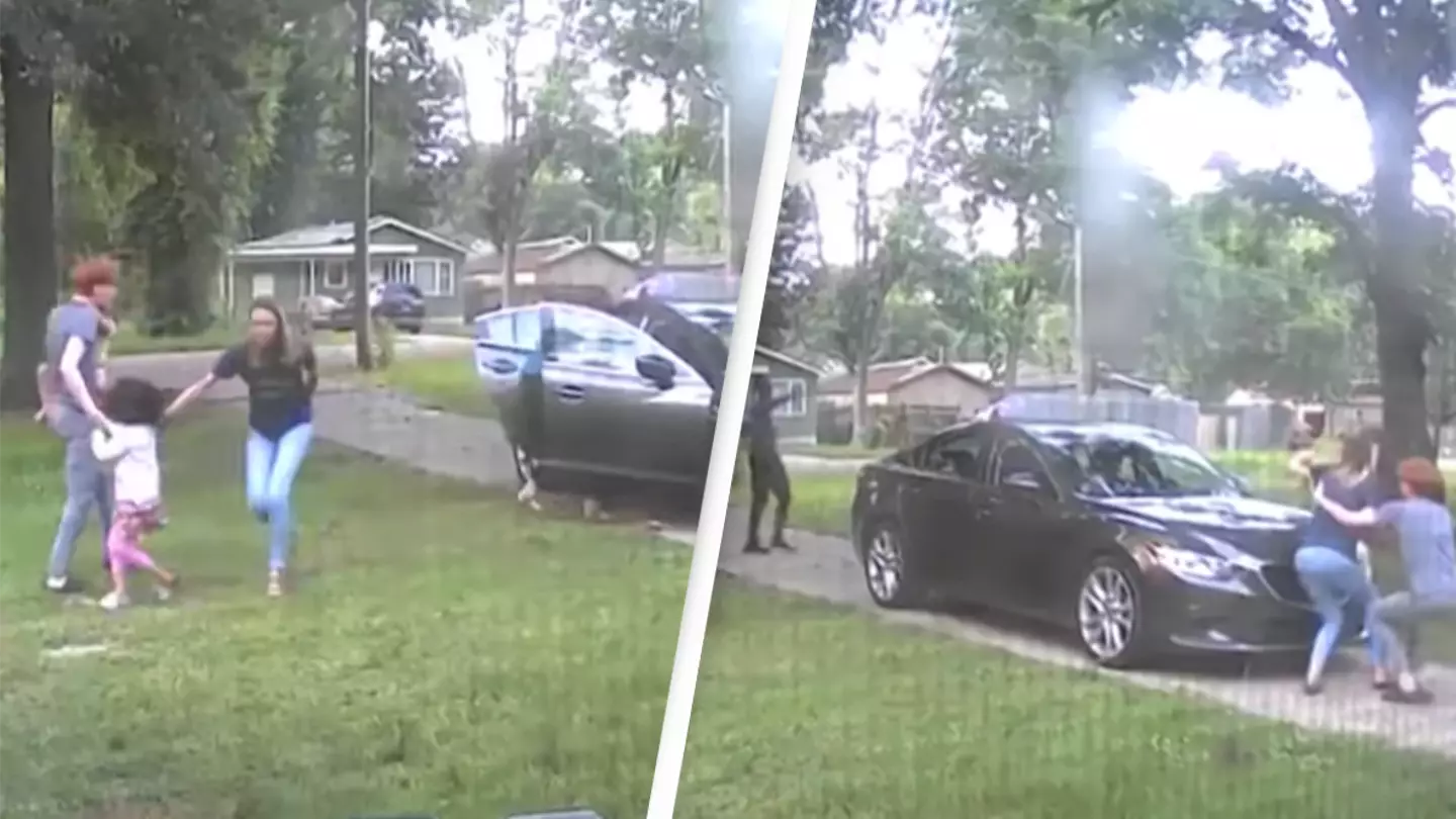 Terrifying moment carjackers open fire at family while trying to steal car with children inside