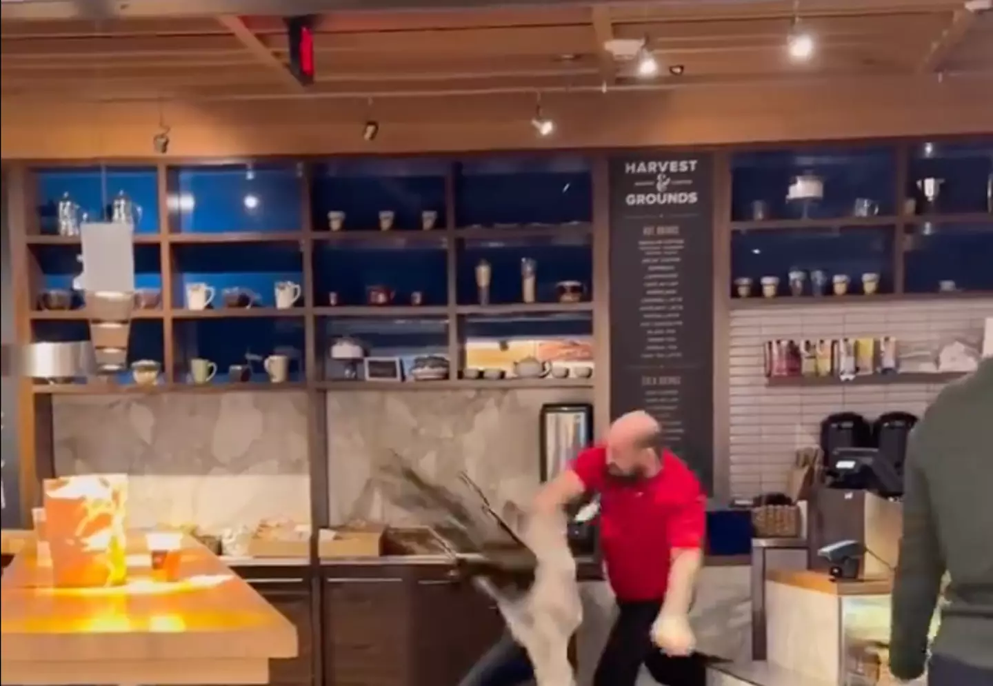 The man in red threw the employee violently to the floor.