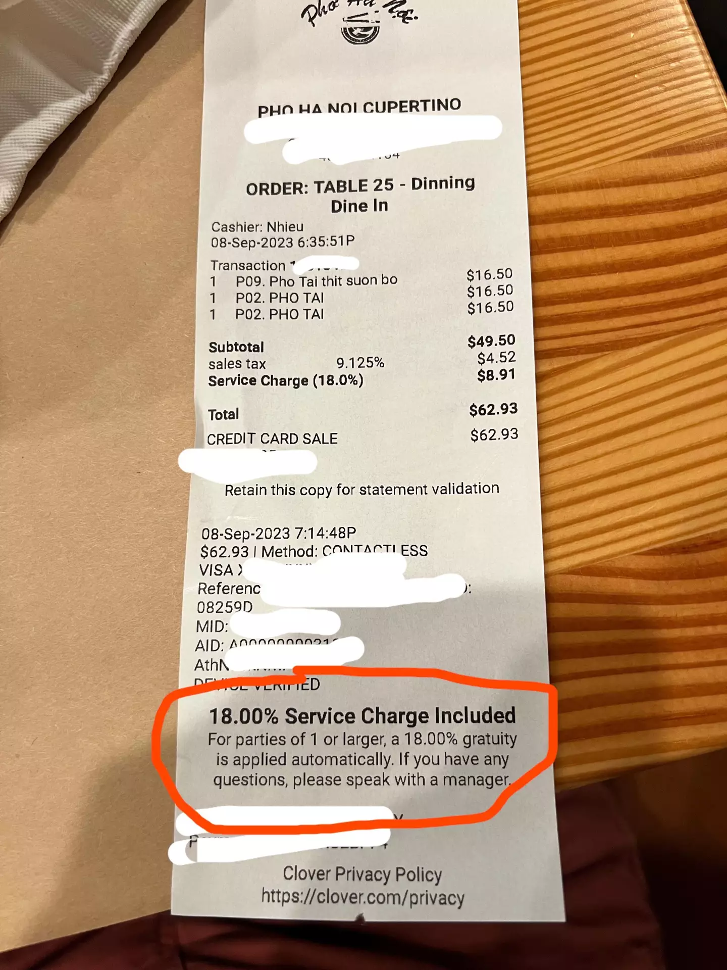 The bill at the restaurant has an 18 percent service charge.