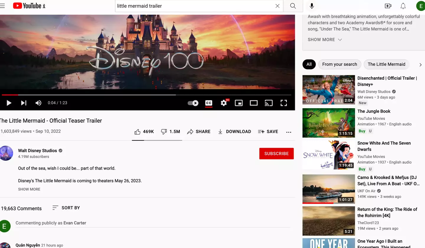 The Little Mermaid trailer on YouTube with dislikes.