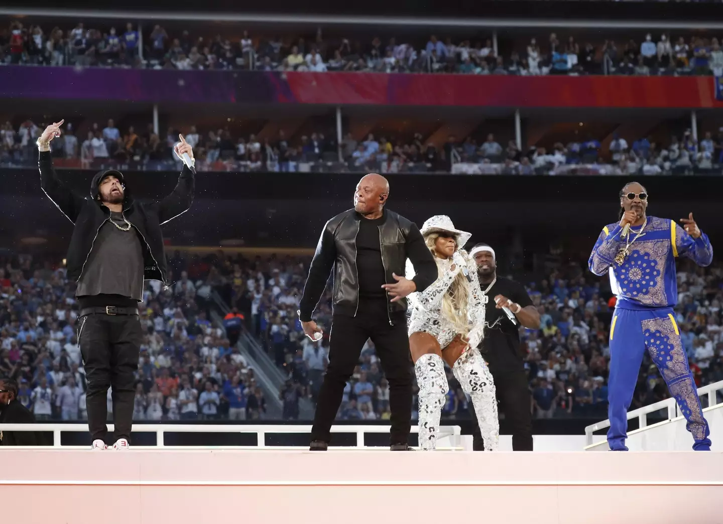 The trio performing together at the Super Bowl halftime show.