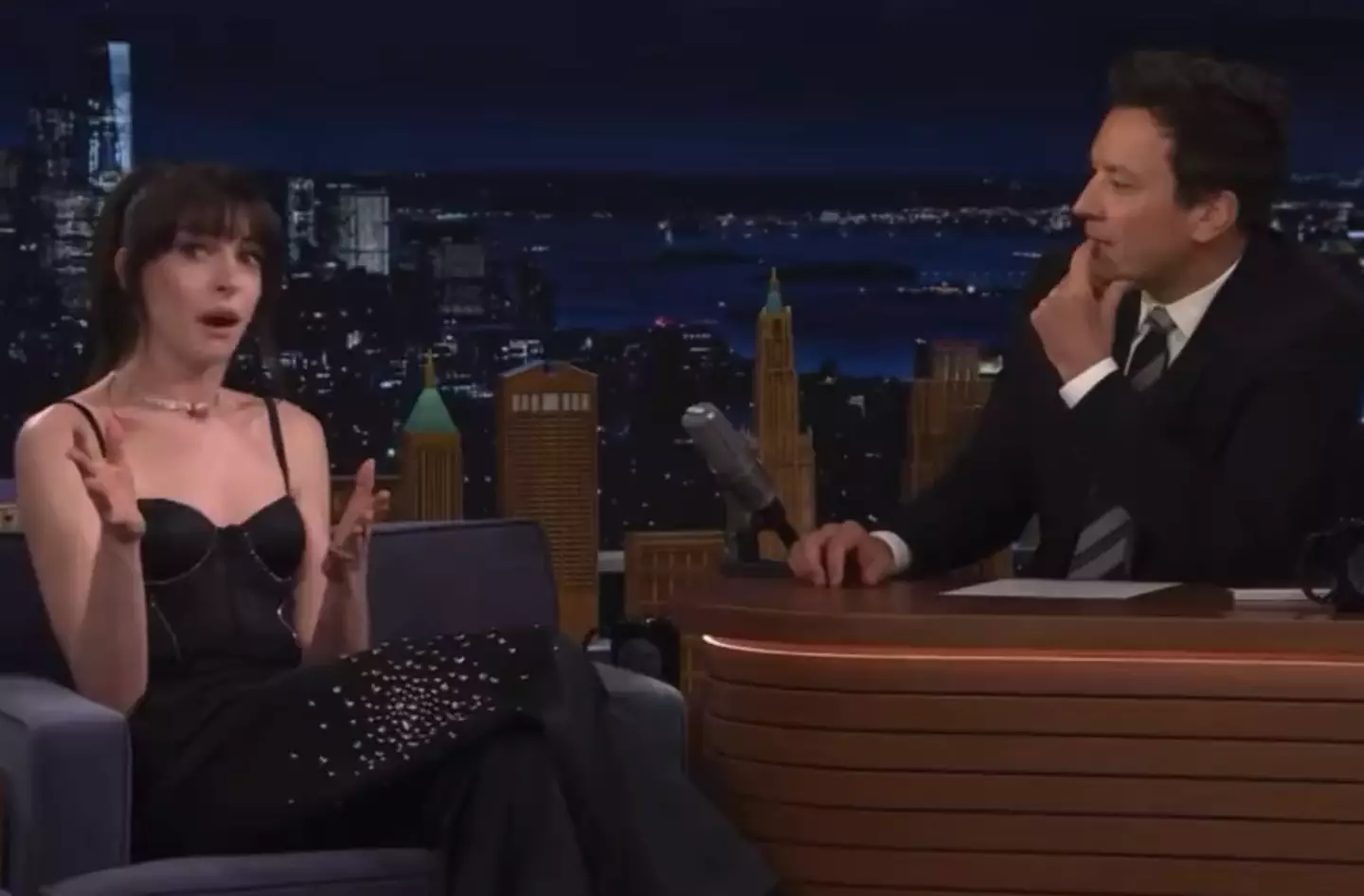 Hathaway looked taken aback by the response - or more the lack of - from the audience. (NBC/The Tonight Show starring Jimmy Fallon)  