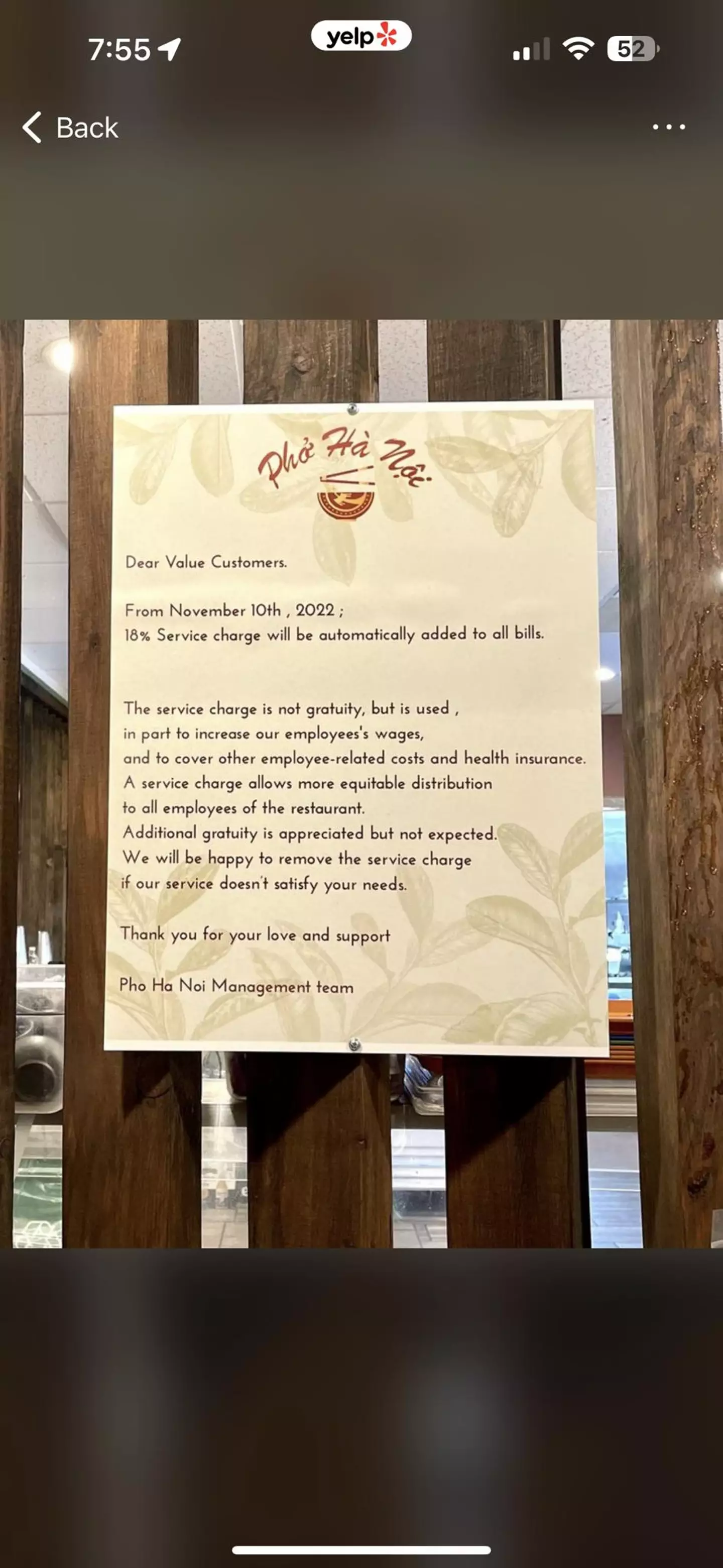 The restaurant posted a note outside informing people of the charge.