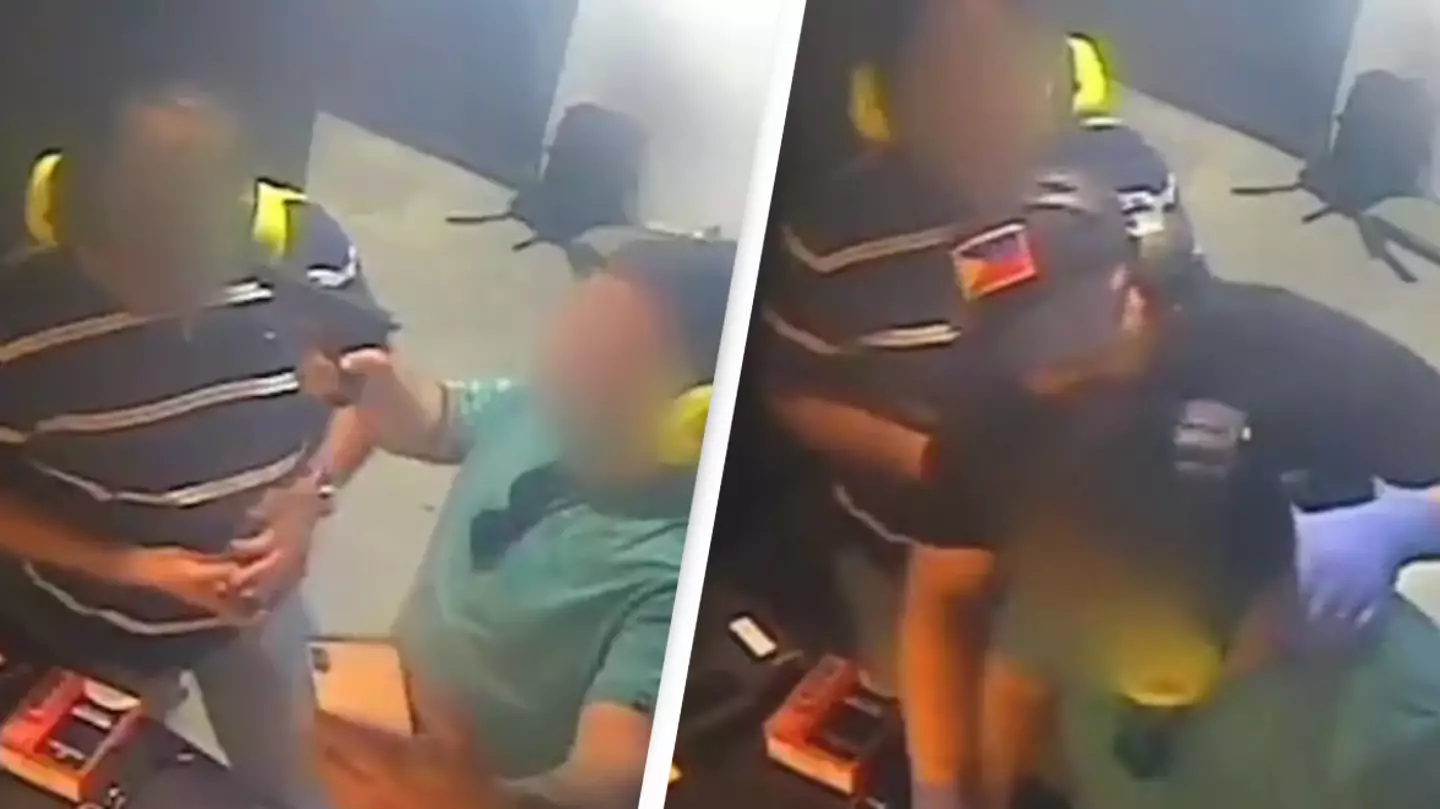 Heart stopping moment man pretends to shoot friend with gun at shooting range