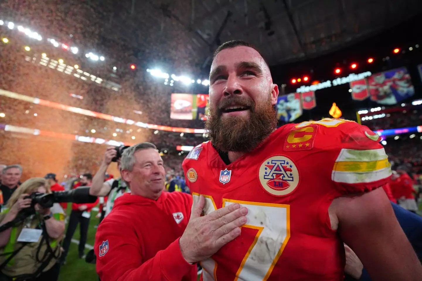 Travis Kelce celebrates the San Francisco 49ers' victory at the 2024 Super Bowl. (Erick W. Rasco/Sports Illustrated via Getty Images)