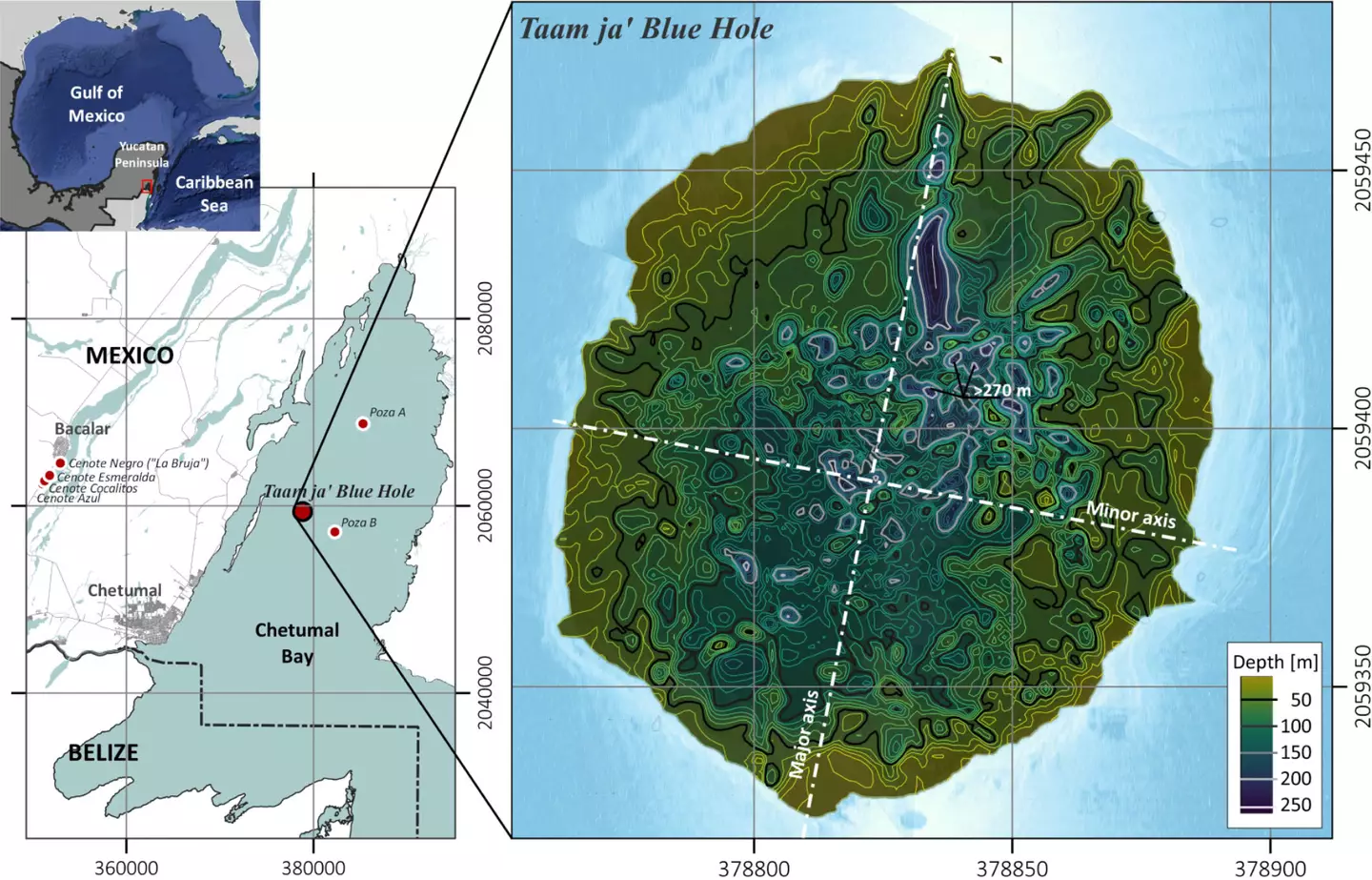 A map showing the full extent of the Taam ja' blue hole in Chetumal.