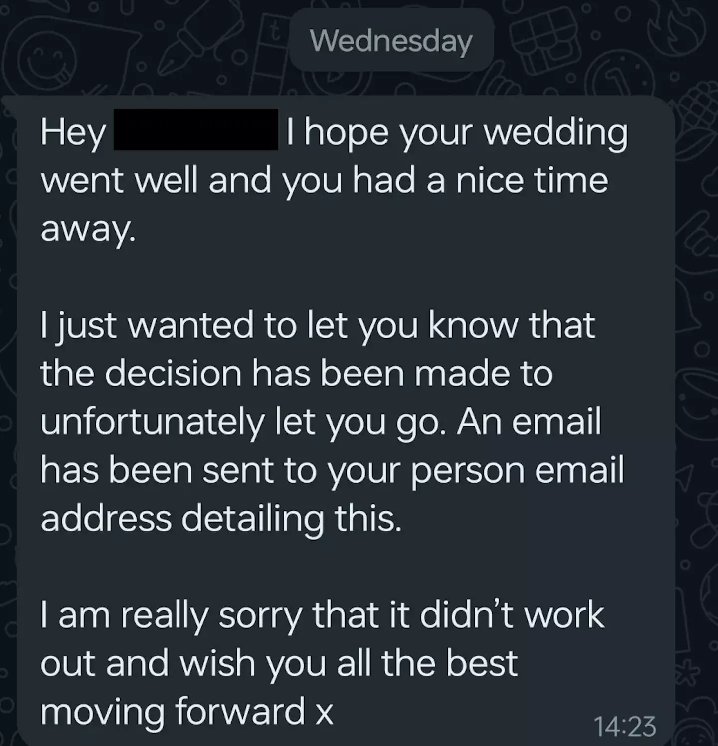 Amanda shared the text that she was sent by her boss regarding her termination. (YouTube/Ben Askins)