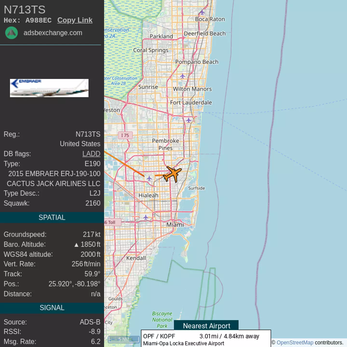 Travis Scott's plane also flew from 'near Miami, Florida' to 'Van Nuys, California'.