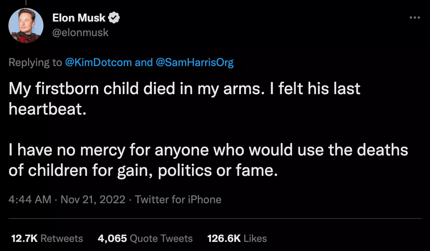 Musk claims his firstborn child passed away in his arms.