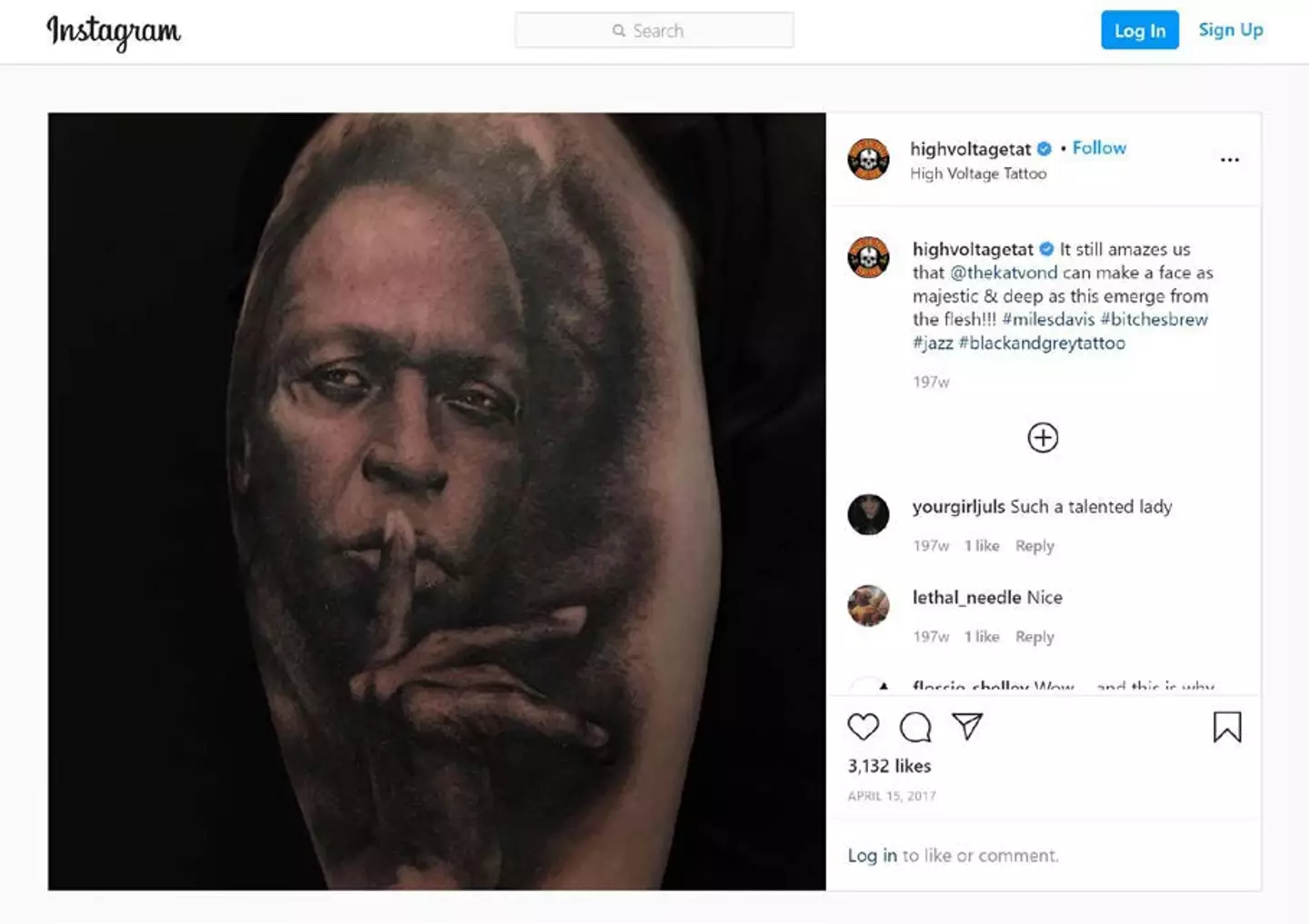 Kat Von D shared her tattoo of Miles Davis - which is the centre of the lawsuit - on Instagram.